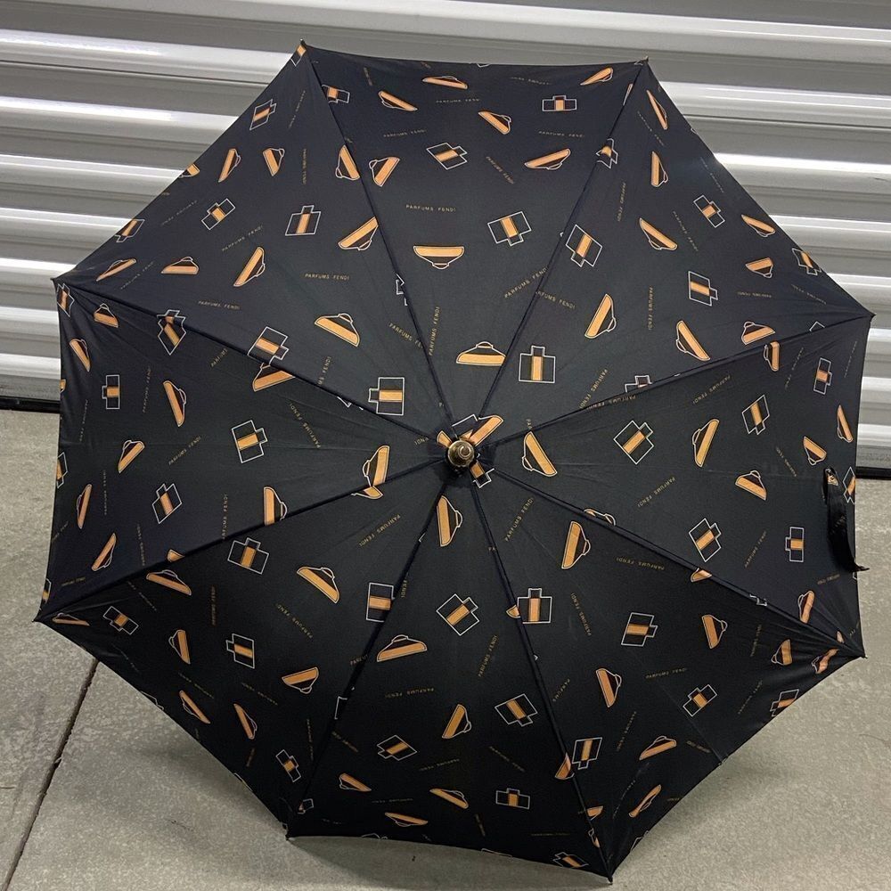VTG,Fendi Parfums J Handle Black Umbrella with Orange and Tan Pattern